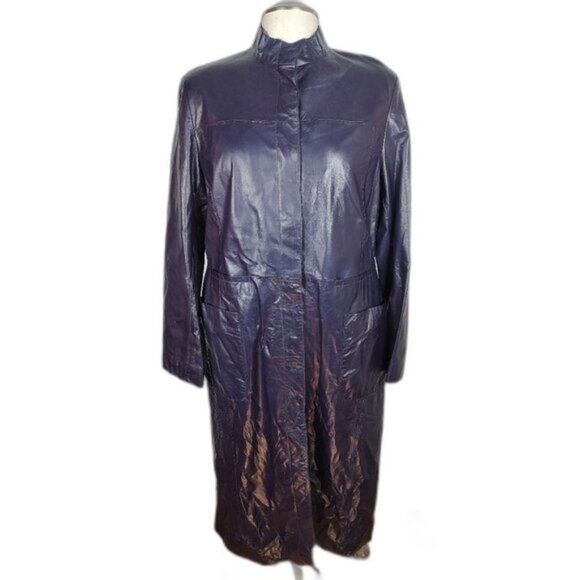 Retro Danier Purple Full Length Leather Coat  Lined Stand-up Collar Size 12 Y2K - Picture 11 of 13